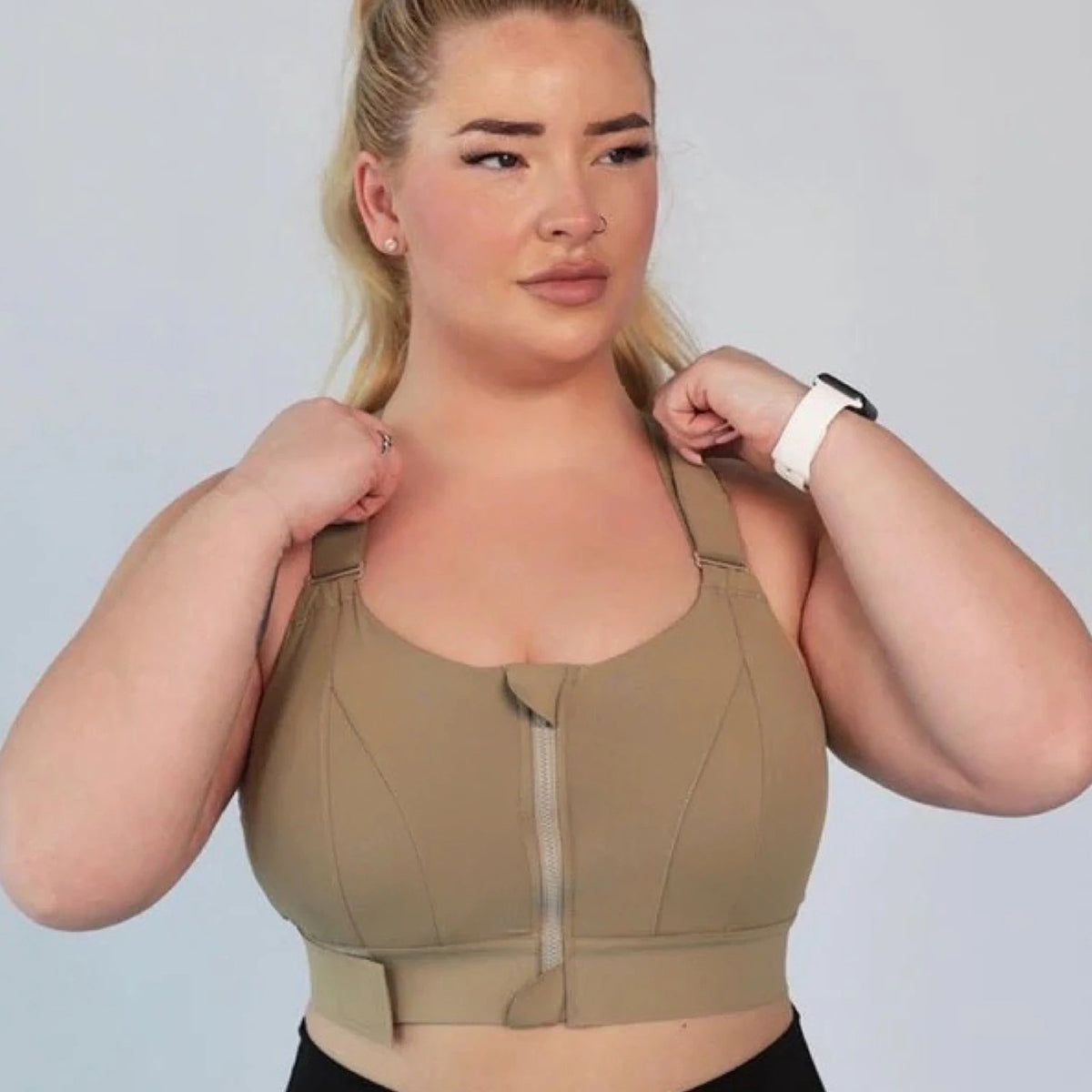 Helen bra® Women's High Impact Sports Bra PLUS Size Zip-Front Shock Absorber-Beige