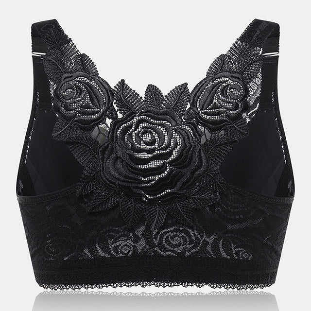 Front Fastening '5D' Stereoscopic Rose Embroidery Bra-Black